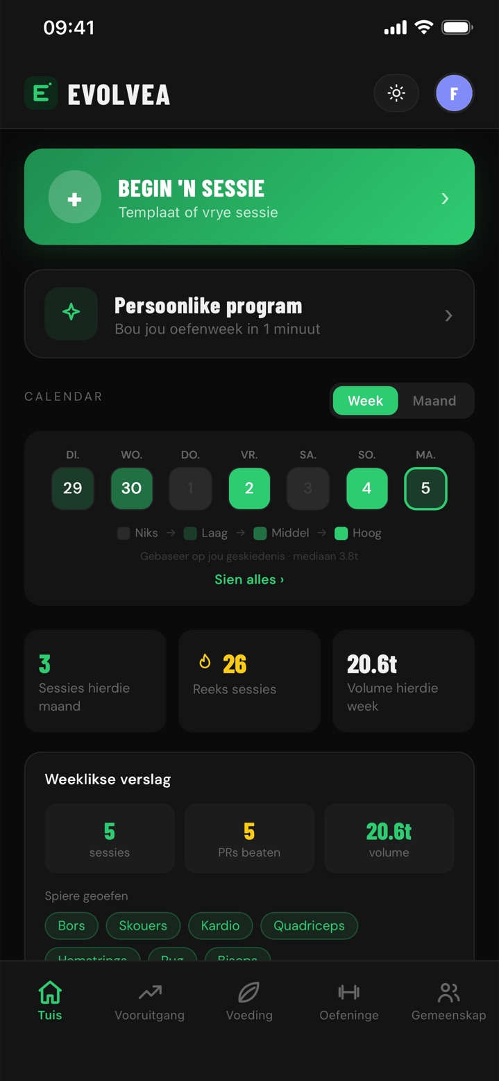 Evolvea se tuisskerm: knoppie om 'n oefensessie te begin, weeklikse intensiteitskalender, dae-reeks en weekverslag