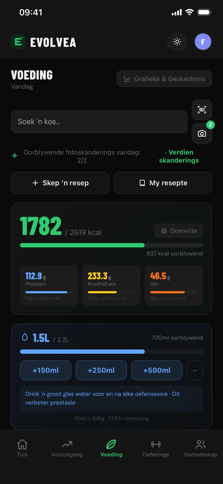 Evolvea se voedseldagboek: daaglikse kalorieë en makro's, strepieskodeskandering, KI-fotoskandering en hidrasie