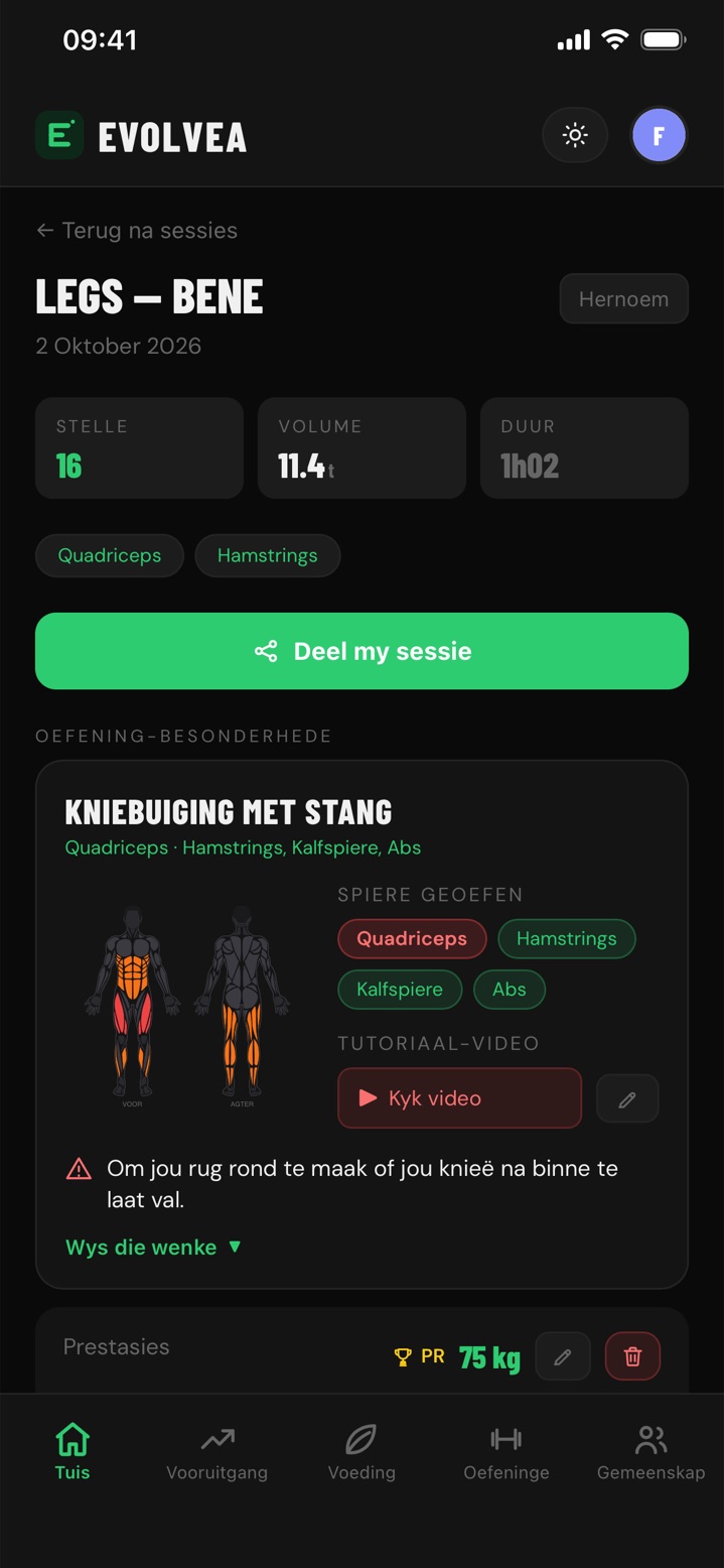 Opsomming van 'n beendag in Evolvea: stelle, volume, duur, spiere wat gewerk is en wenke vir die hurksit
