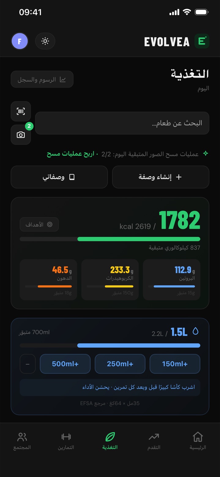 يوميات الطعام في Evolvea: سعرات اليوم ومغذياته الكبرى، مسح الباركود، مسح الصور بالذكاء الاصطناعي وشرب الماء