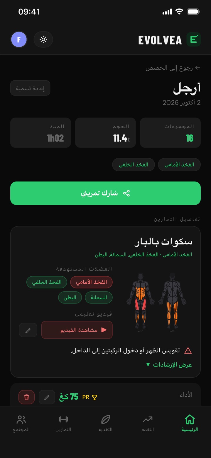 ملخّص حصة أرجل في Evolvea: المجموعات والحجم والمدة والعضلات التي تمرّنت وإرشادات القرفصاء