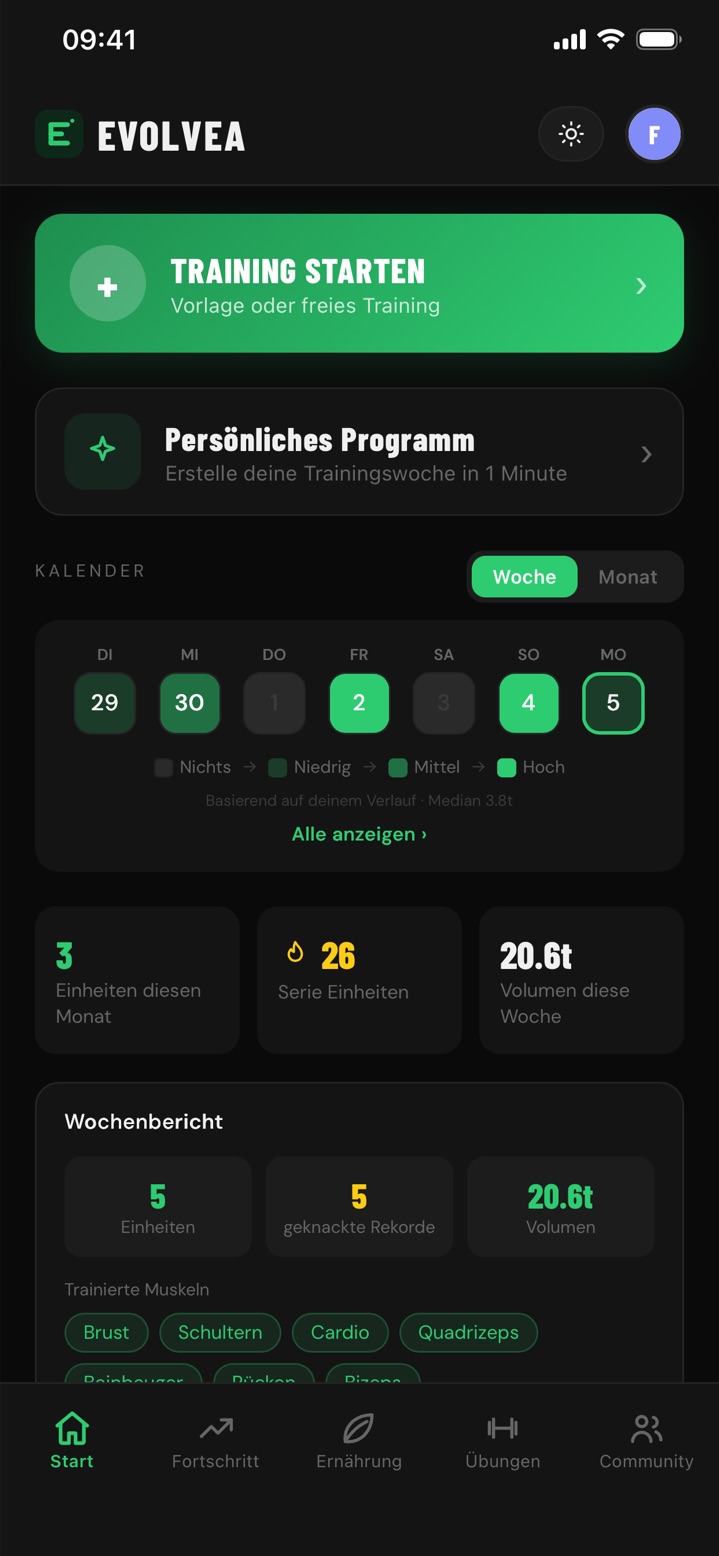 Startseite von Evolvea: Button zum Starten eines Workouts, Intensitätskalender der Woche, Trainingsserie und Wochenbericht