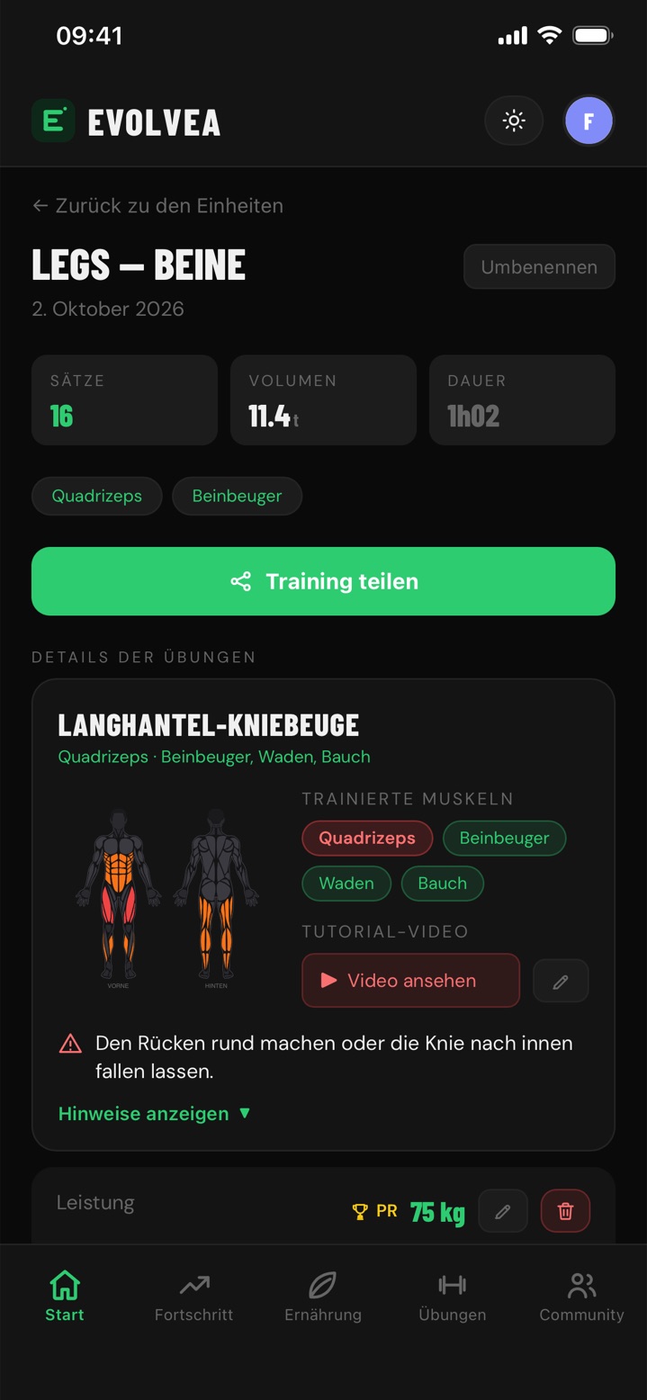 Zusammenfassung eines Beintrainings in Evolvea: Sätze, Volumen, Dauer, trainierte Muskeln und Hinweise zur Kniebeuge