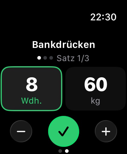 Evolvea auf der Apple Watch: ein Satz Bankdrücken, 8 Wiederholungen mit 60 kg, zum Bestätigen am Handgelenk