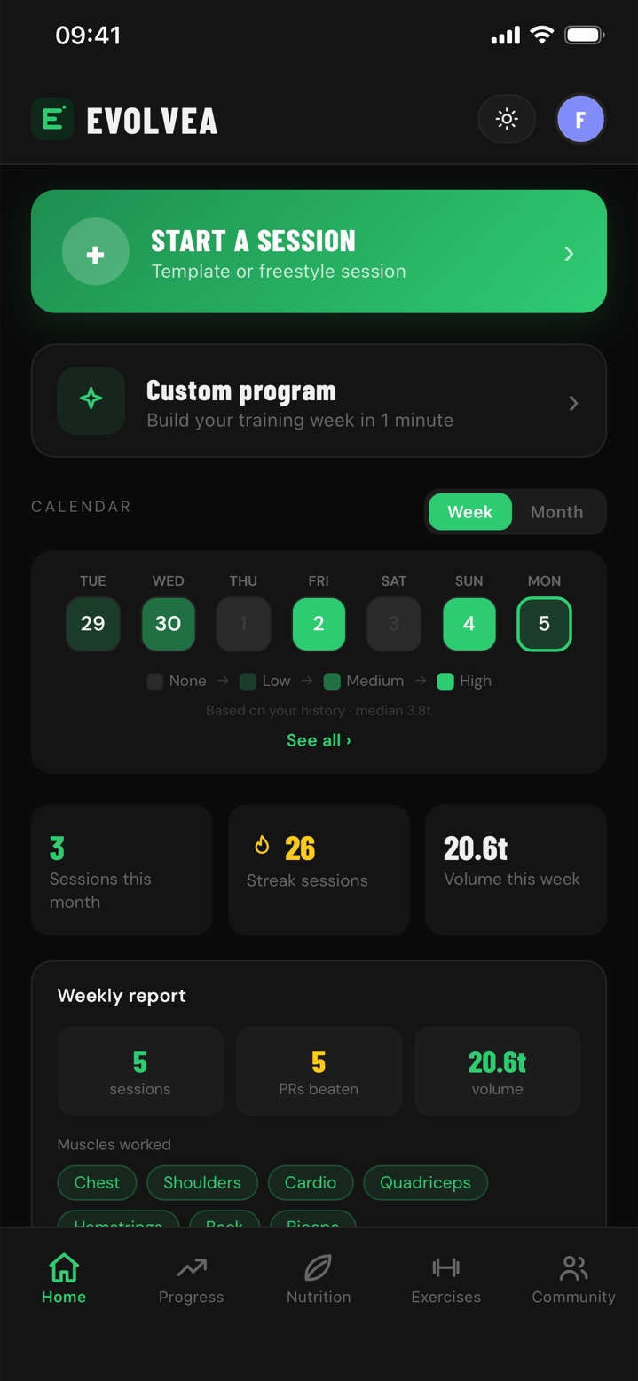 Evolvea home screen: start a workout button, weekly intensity calendar, day streak and weekly report