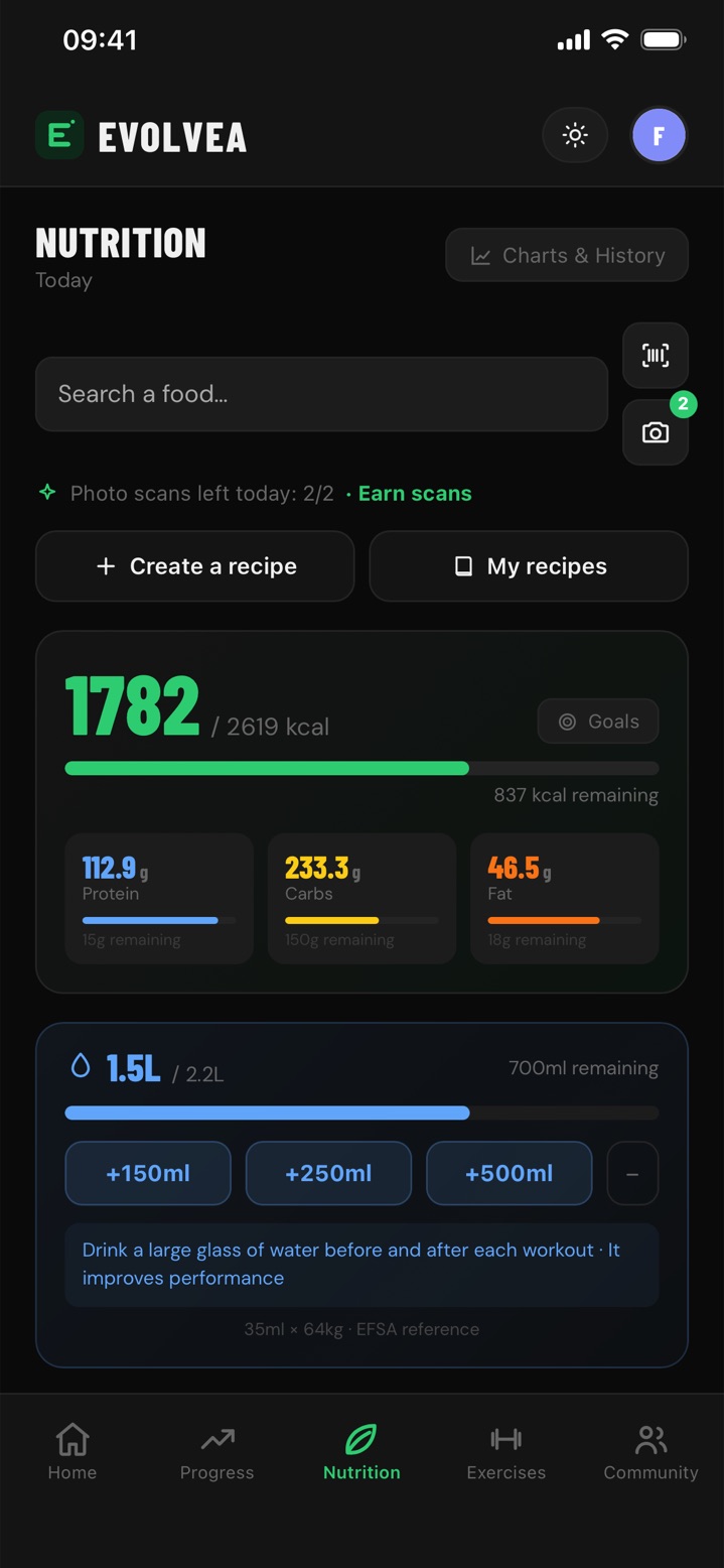Evolvea food diary: daily calories and macros, barcode scan, AI photo scan and hydration