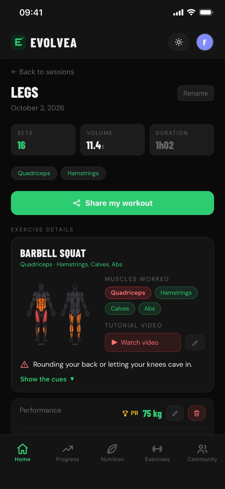 Leg day summary in Evolvea: sets, volume, duration, muscles worked and squat form cues