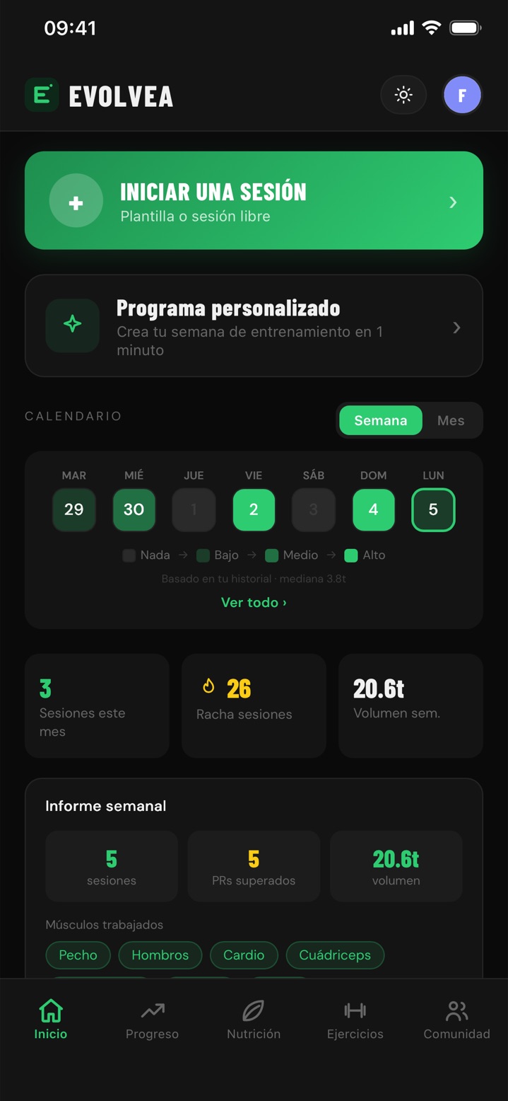 Inicio de Evolvea: botón para empezar un entreno, calendario de intensidad de la semana, racha de días e informe semanal