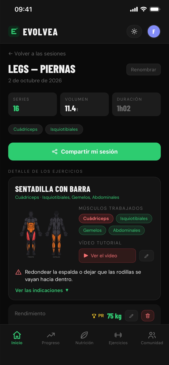 Resumen de un entreno de pierna en Evolvea: series, volumen, duración, músculos trabajados e indicaciones de la sentadilla