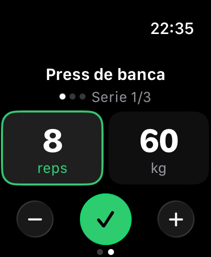 Evolvea en Apple Watch: serie de press de banca, 8 repeticiones con 60 kg, lista para validar en la muñeca