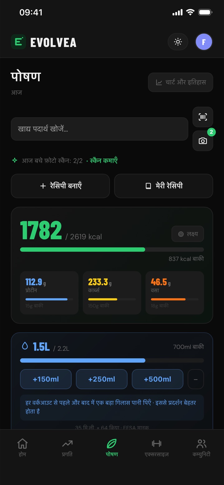 Evolvea की फ़ूड डायरी: दिन की कैलोरी और मैक्रो, बारकोड स्कैन, AI फ़ोटो स्कैन और पानी