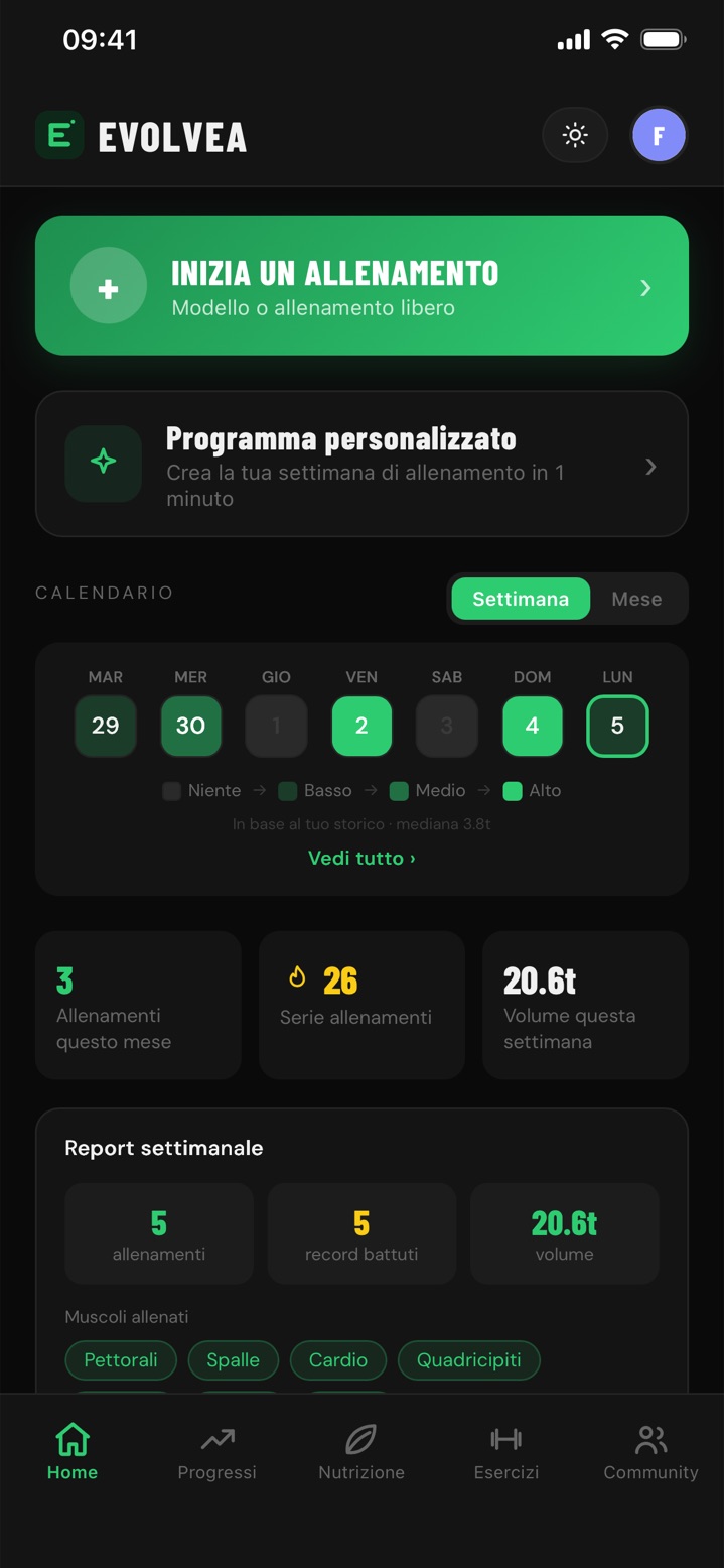 Home di Evolvea: pulsante per iniziare un allenamento, calendario dell'intensità della settimana, giorni consecutivi e resoconto settimanale
