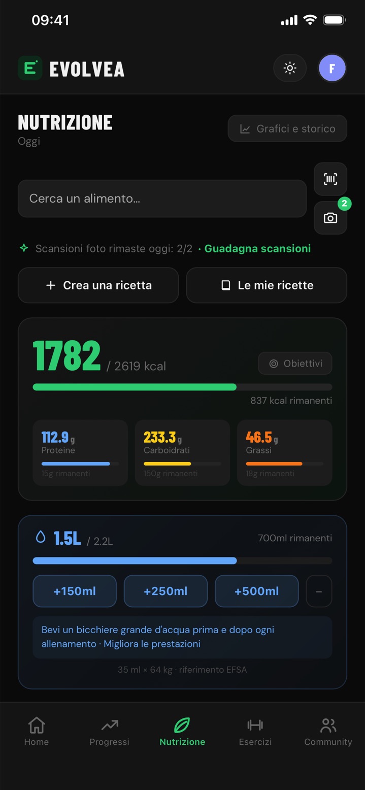 Diario alimentare di Evolvea: calorie e macro del giorno, scansione del codice a barre, scansione foto con IA e idratazione