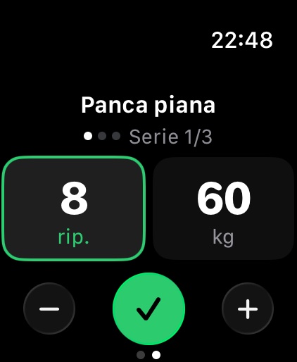 Evolvea su Apple Watch: una serie di panca piana, 8 ripetizioni con 60 kg, da confermare al polso