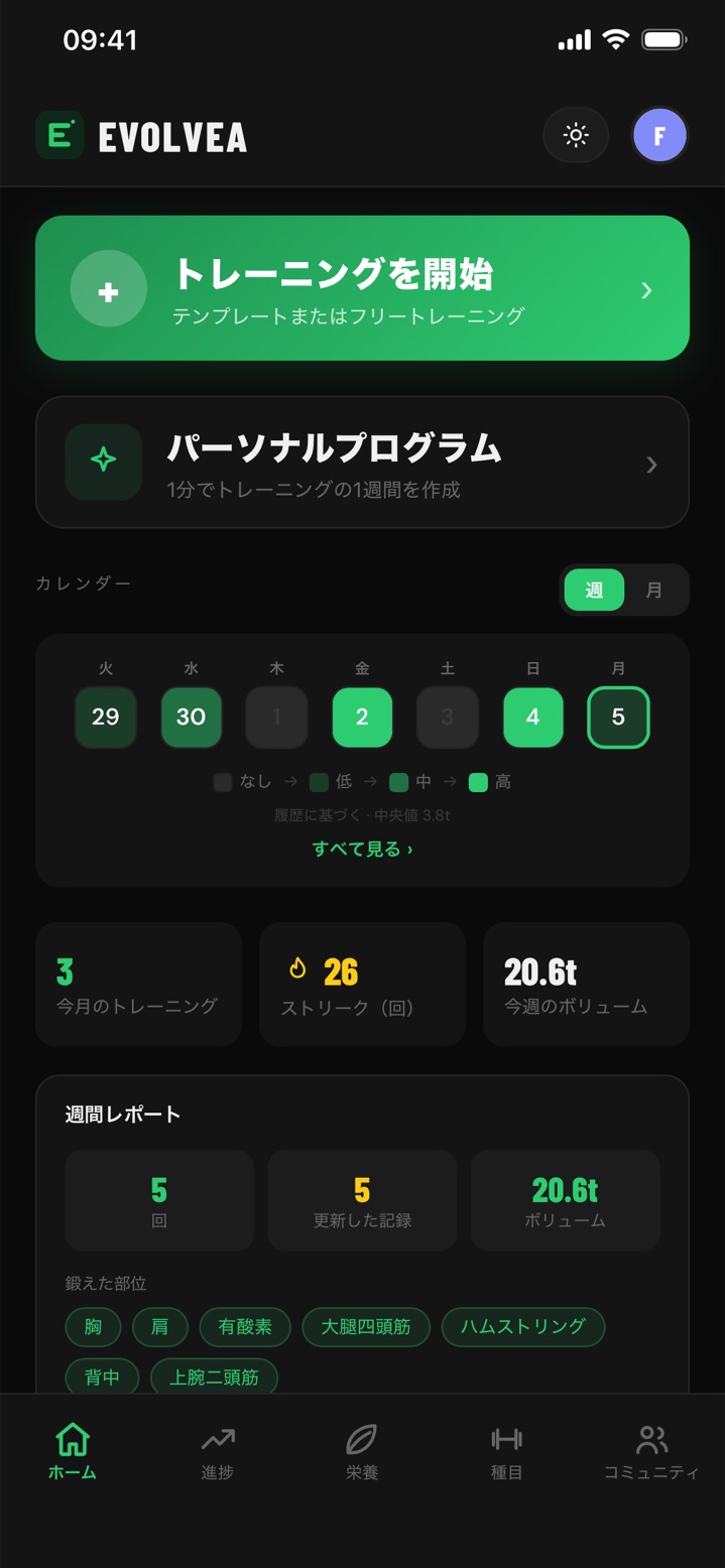Evolveaのホーム画面：ワークアウト開始ボタン、今週の強度カレンダー、連続日数、週間レポート