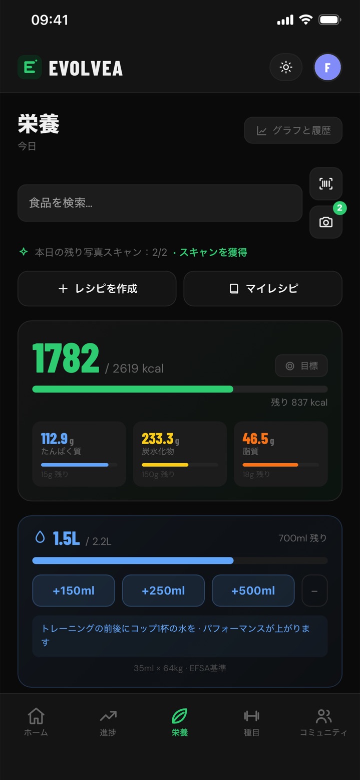 Evolveaの食事記録：その日のカロリーとPFC、バーコード読み取り、AI写真スキャン、水分補給