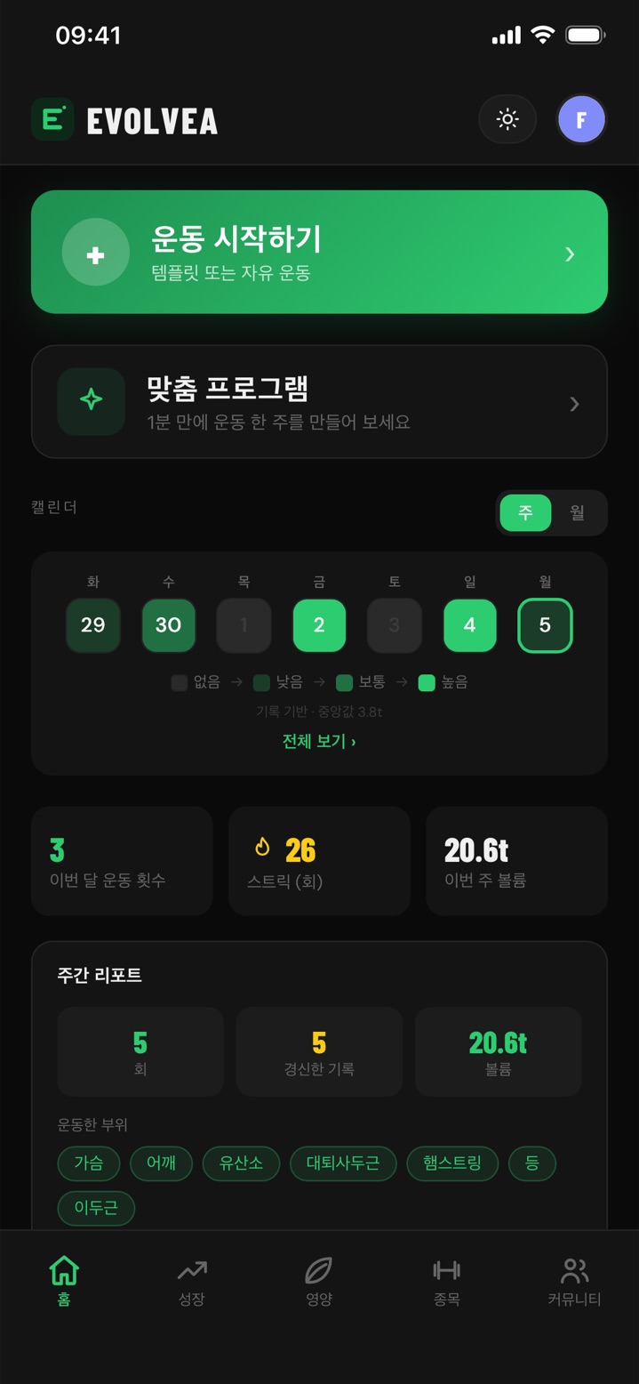 Evolvea 홈 화면: 운동 시작 버튼, 이번 주 강도 캘린더, 연속 운동일, 주간 리포트