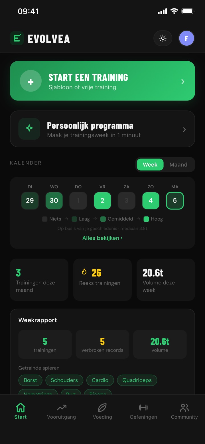 Startscherm van Evolvea: knop om een workout te starten, intensiteitskalender van de week, reeks dagen op rij en weekrapport
