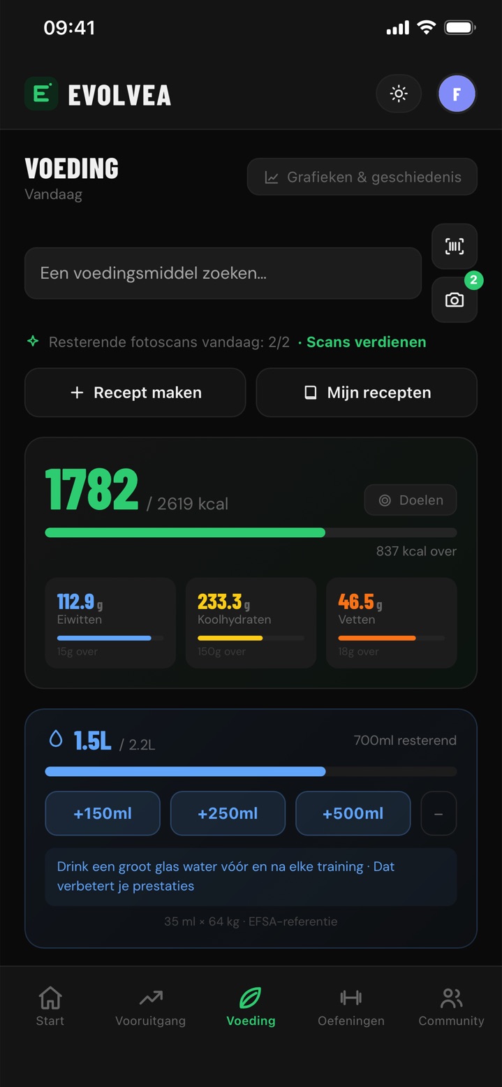 Voedingsdagboek van Evolvea: calorieën en macro's van de dag, barcodescanner, AI-fotoscan en hydratatie