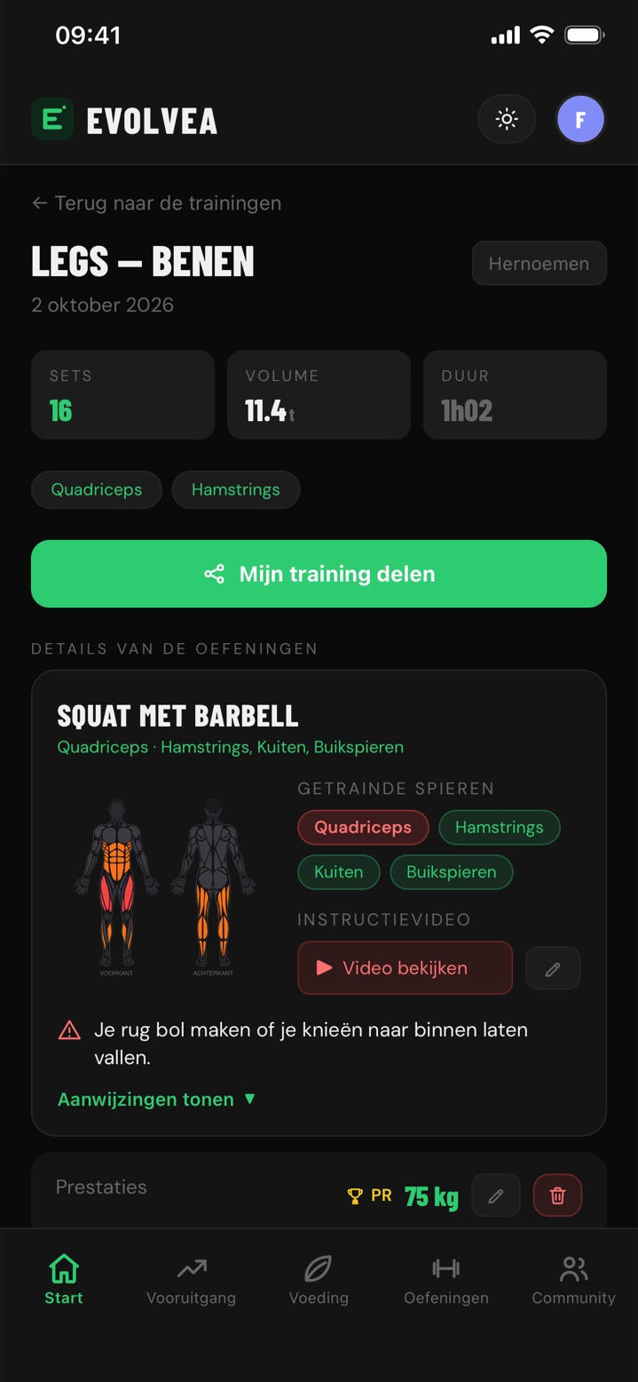 Samenvatting van een beentraining in Evolvea: sets, volume, duur, getrainde spieren en aanwijzingen voor de squat