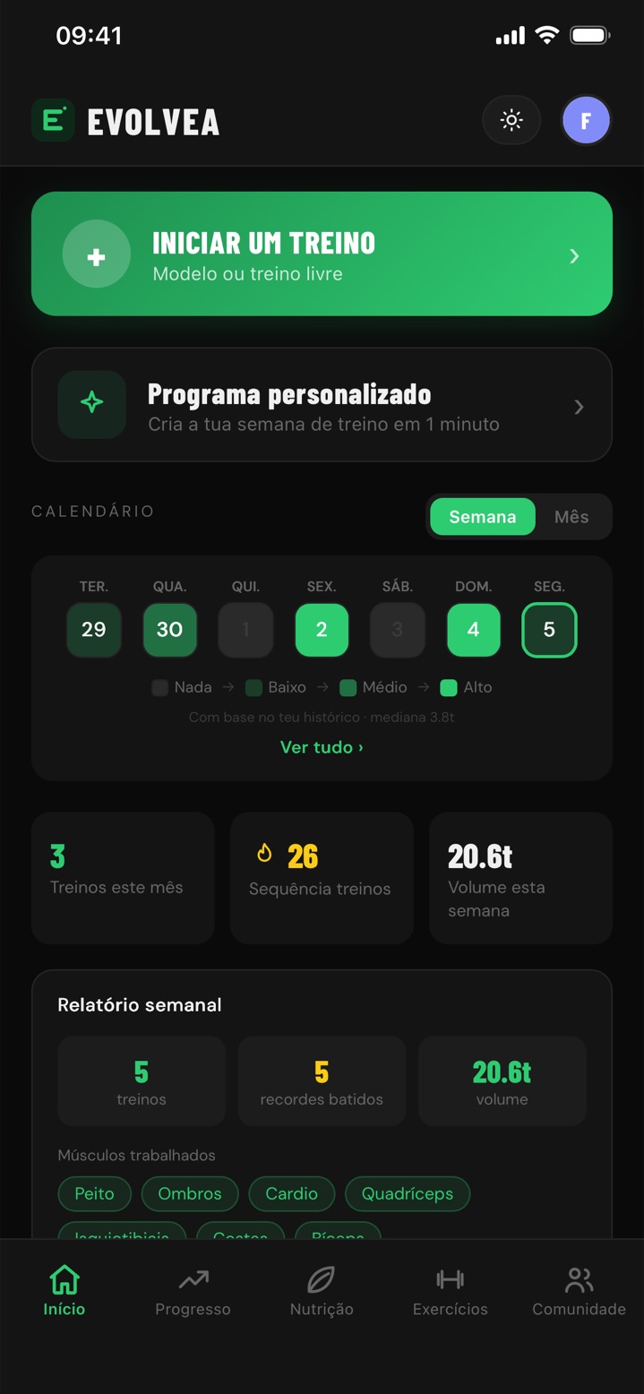 Início da Evolvea: botão para começar um treino, calendário de intensidade da semana, dias seguidos e relatório semanal