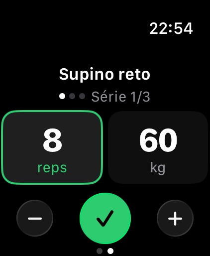 Evolvea no Apple Watch: uma série de supino, 8 repetições com 60 kg, pronta a validar no pulso