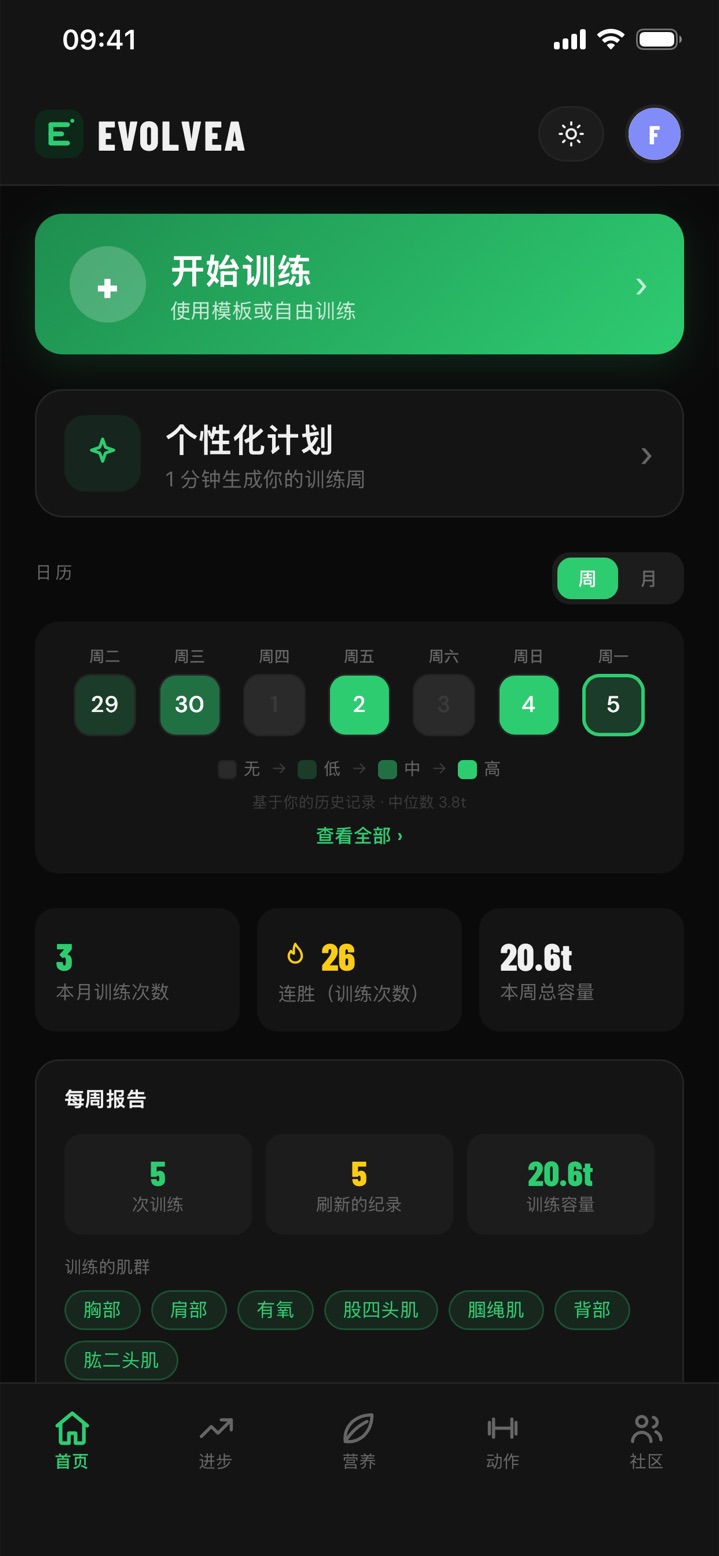 Evolvea 首页：开始训练按钮、本周强度日历、连续训练天数和每周报告