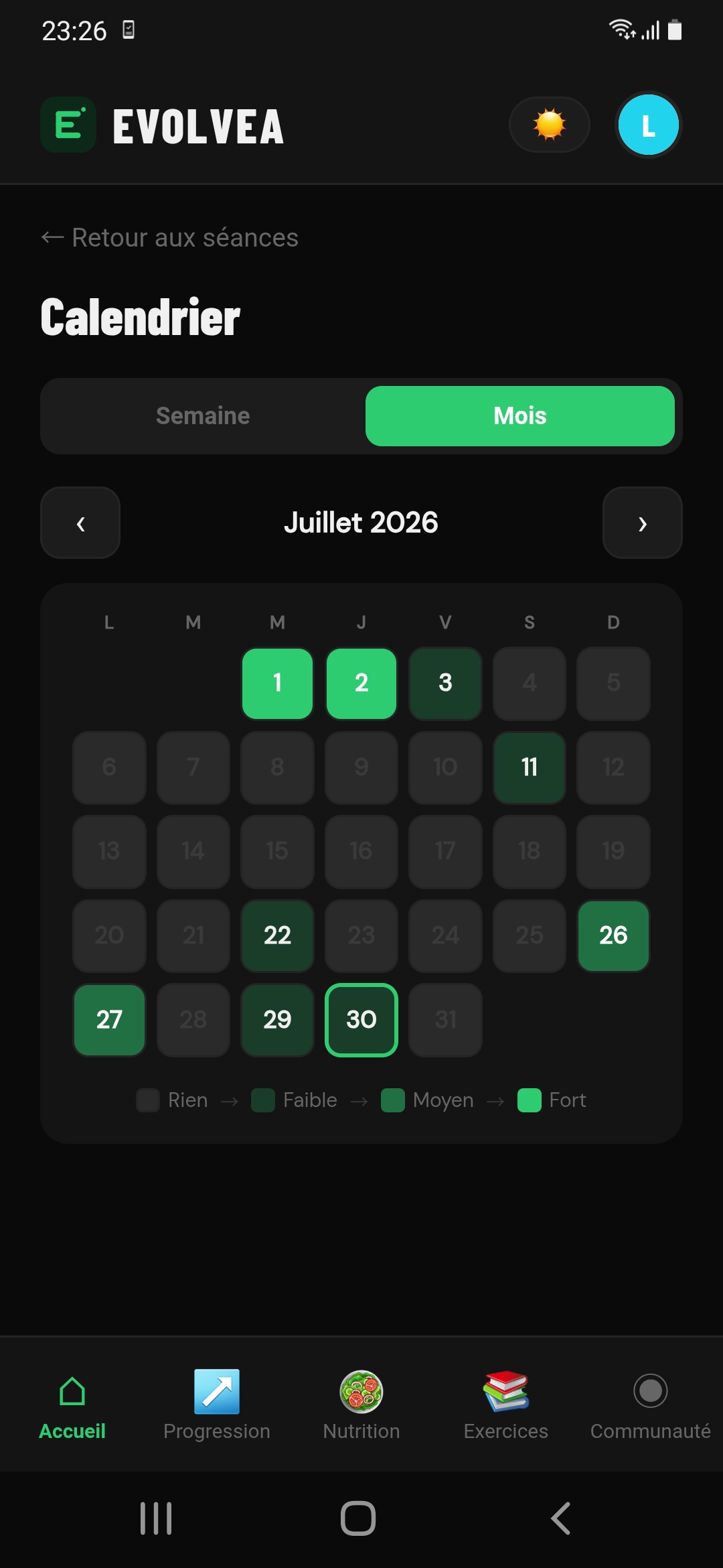 Calendrier d'intensité Evolvea : chaque jour d'entraînement coloré en vert selon l'effort