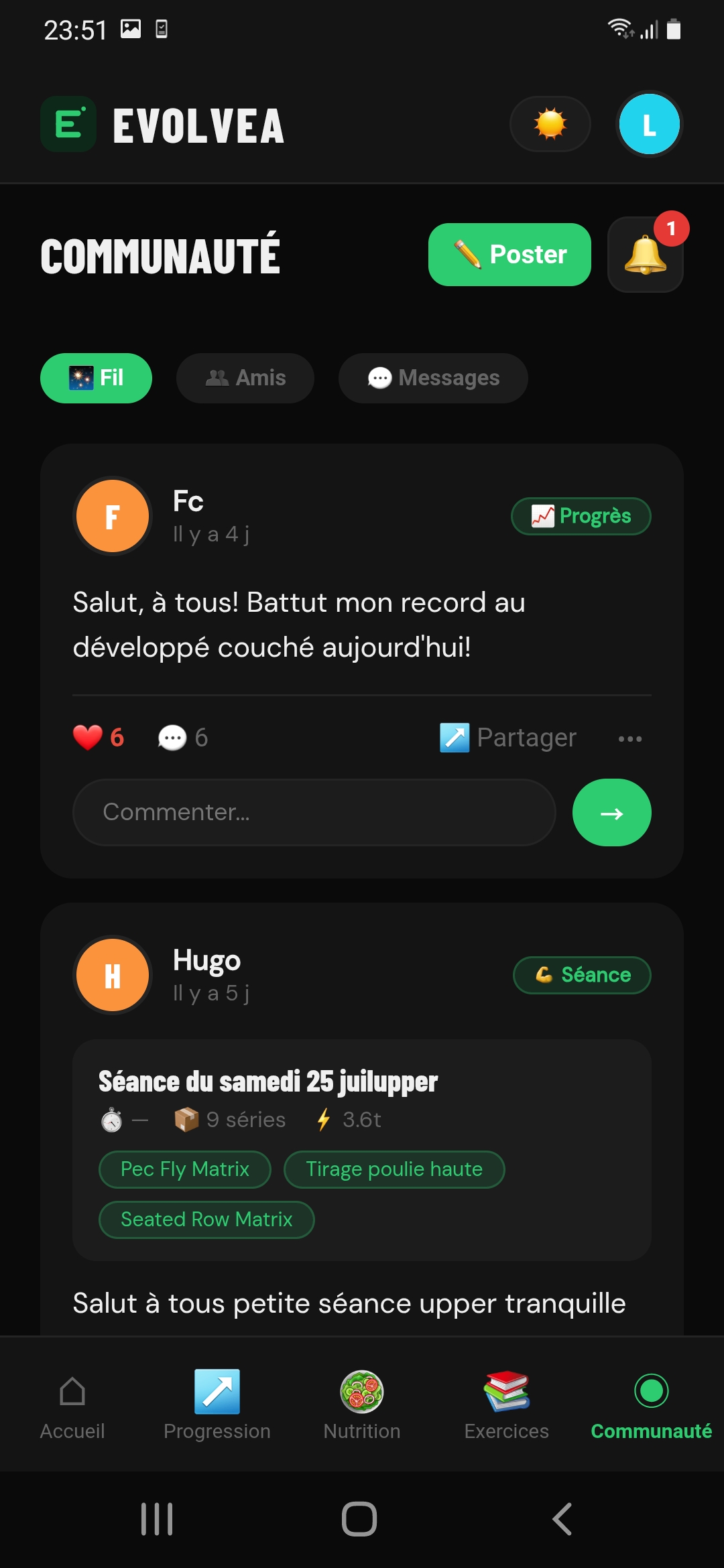 Feed communauté Evolvea : partage de séances et records, likes, commentaires et messagerie