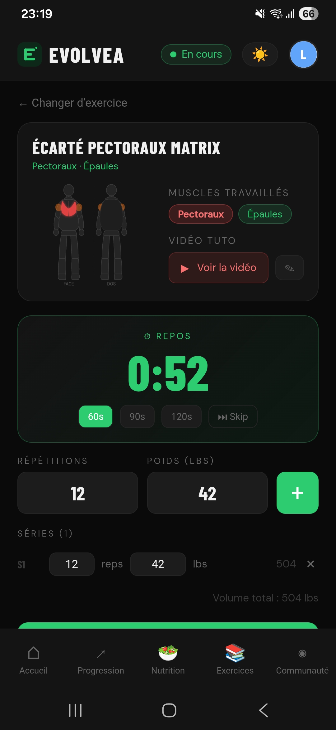 Séance en cours dans Evolvea : timer de repos automatique et séries loggées