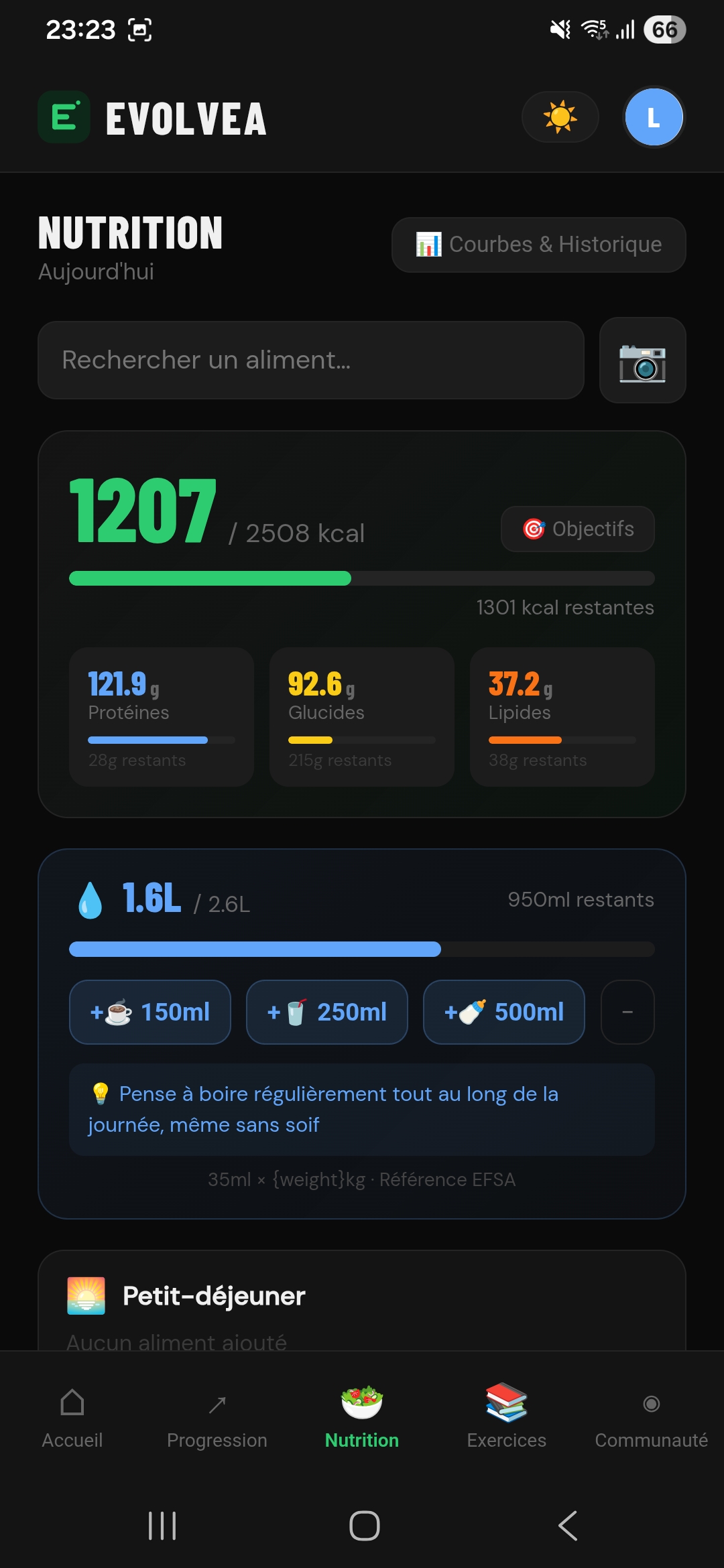 Journal nutrition Evolvea : calories, macros, hydratation et objectifs personnalisés
